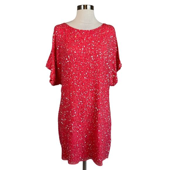Aidan Mattox Women's Cocktail Dress Size 10 Coral Orange Sequined Mini Shift - Picture 1 of 9